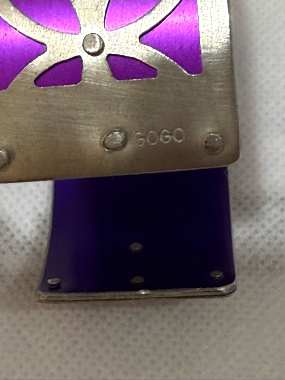 Two Tone Handmade Purple Floral Cutout Cuff Bracelet by Jewelry Artist GOGO - Picture 6 of 6